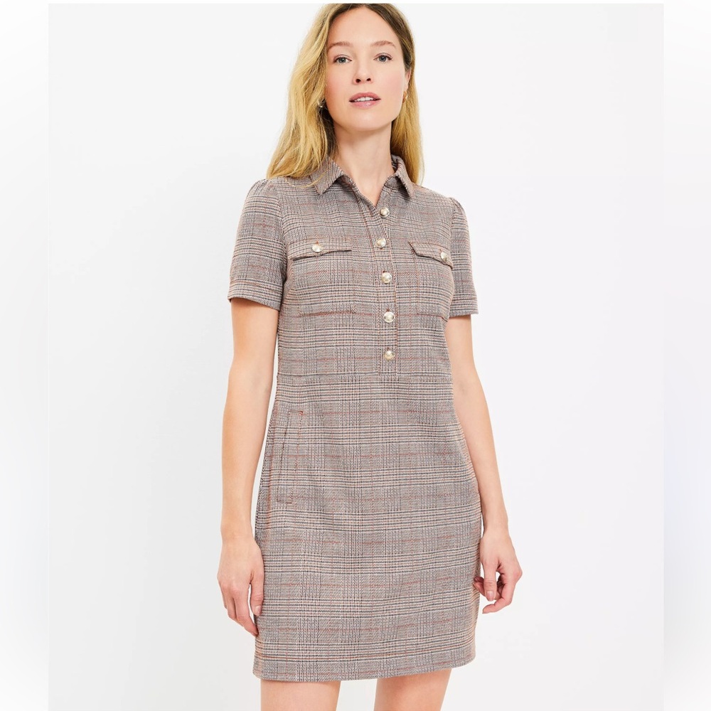LOFT Gray Plaid Long Sleeve Dress